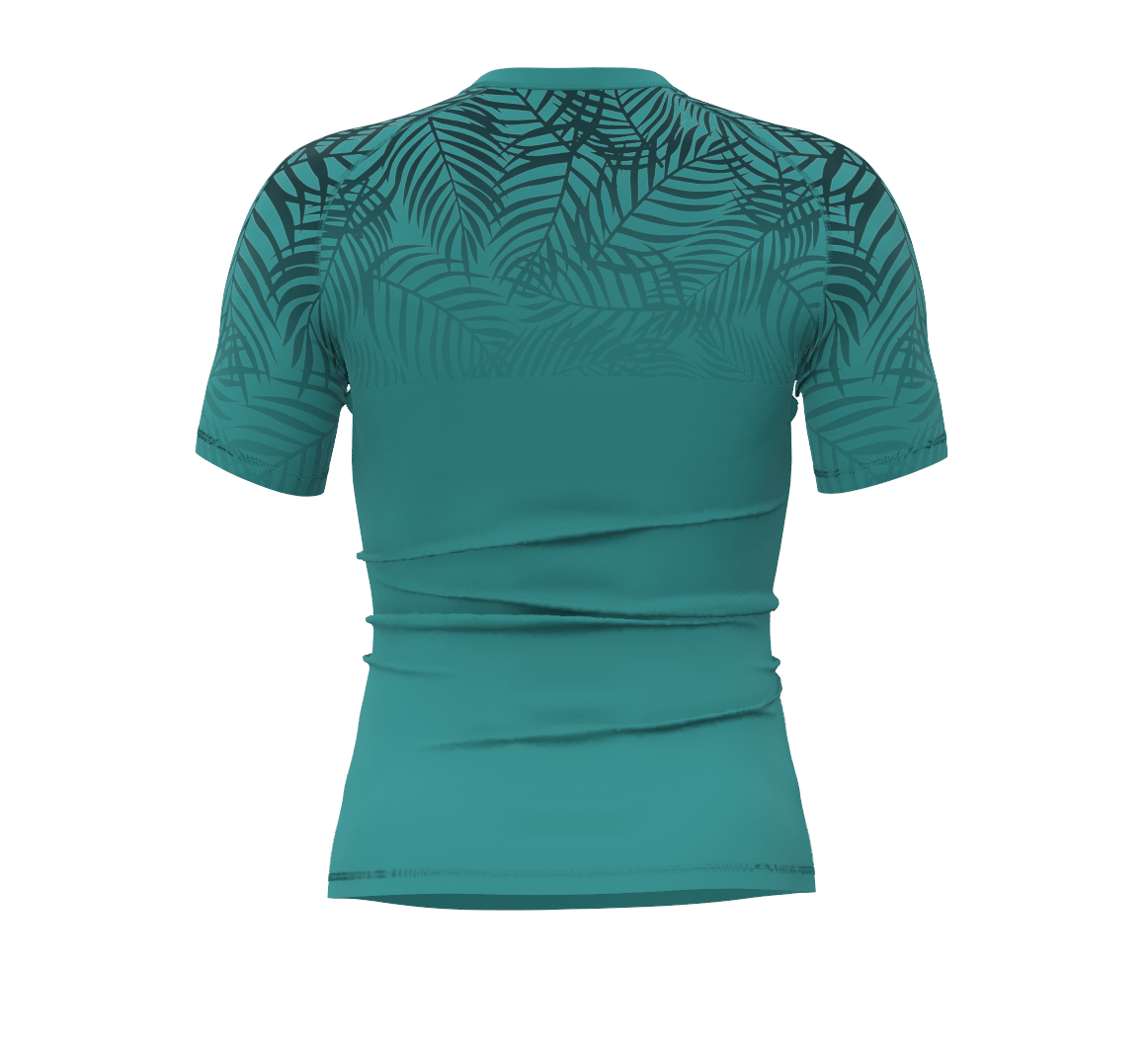 Back view high-performance green BJJ rashguard for men/women, short-sleeve, Oasis-X sublimated graphics, suitable for MMA.