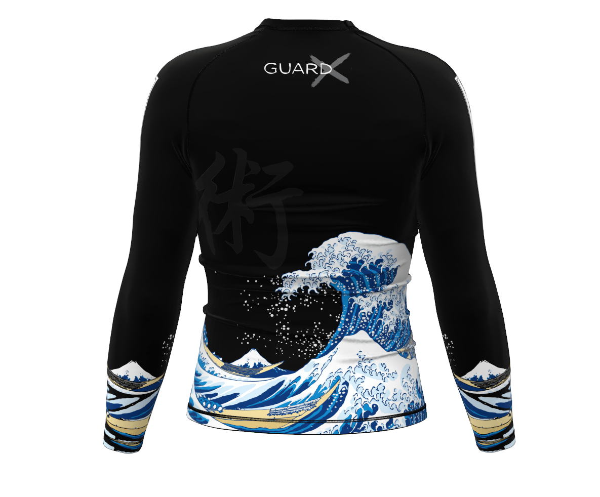 Back view high-performance black BJJ rashguard for men/women, long-sleeve, Wave-X sublimated graphics waves, suitable for MMA.