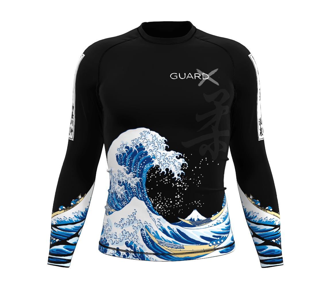 Front view high-performance black BJJ rashguard for men/women, long-sleeve, Wave-X sublimated graphics waves, suitable for MMA.