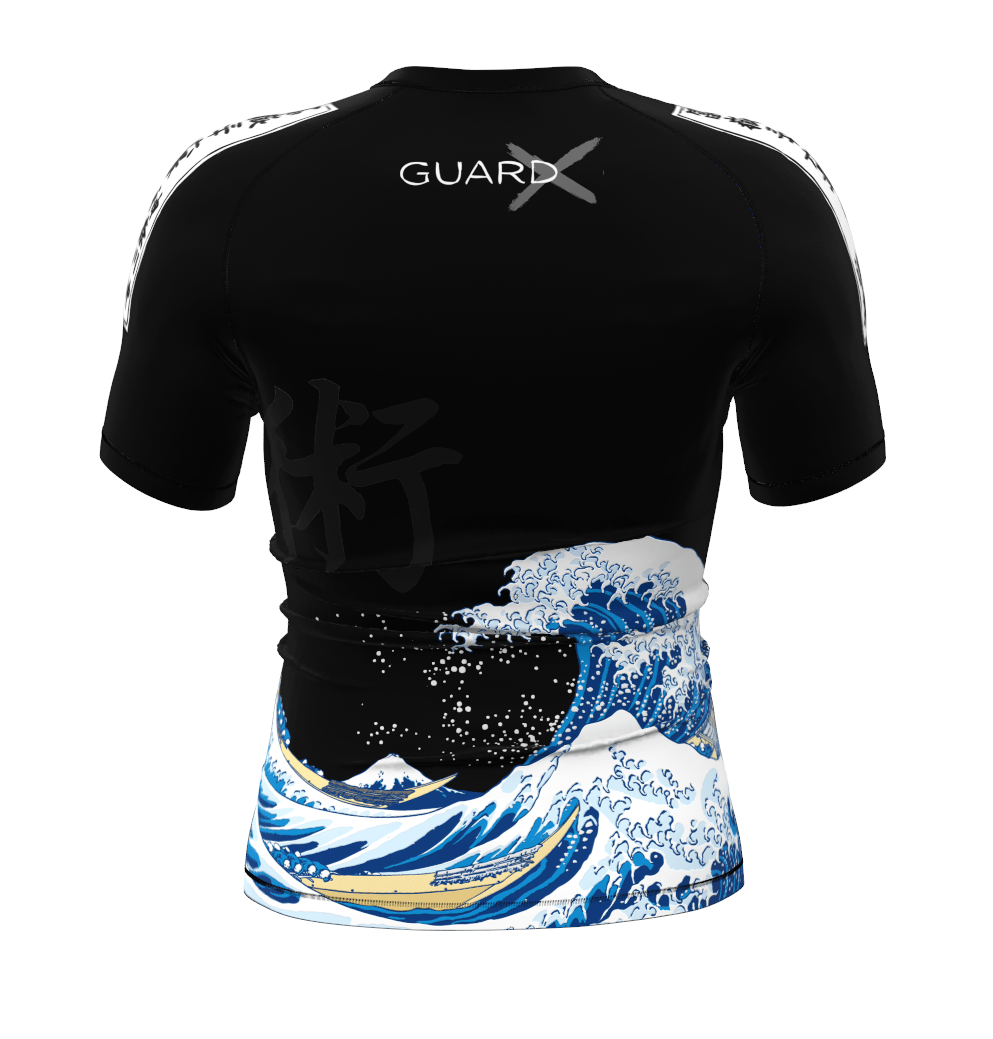 Back view high-performance black BJJ rashguard for men/women, short-sleeve, Wave-X sublimated graphics waves, suitable for MMA.