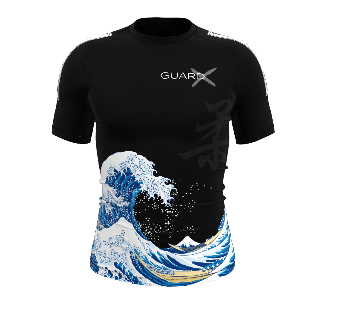 Front view high-performance black BJJ rashguard for men/women, short-sleeve, Wave-X sublimated graphics waves, suitable for MMA.