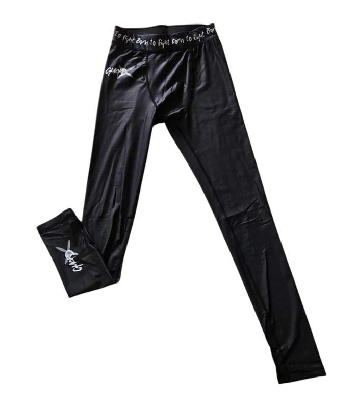 Black BJJ spats with GearX logo and Born to Fight waistband print, full length front view