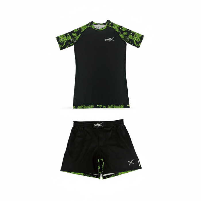 Batik-X Pulse short sleeve rashguard and matching fight shorts set, black compression top with green batik accents, designed for BJJ and MMA.