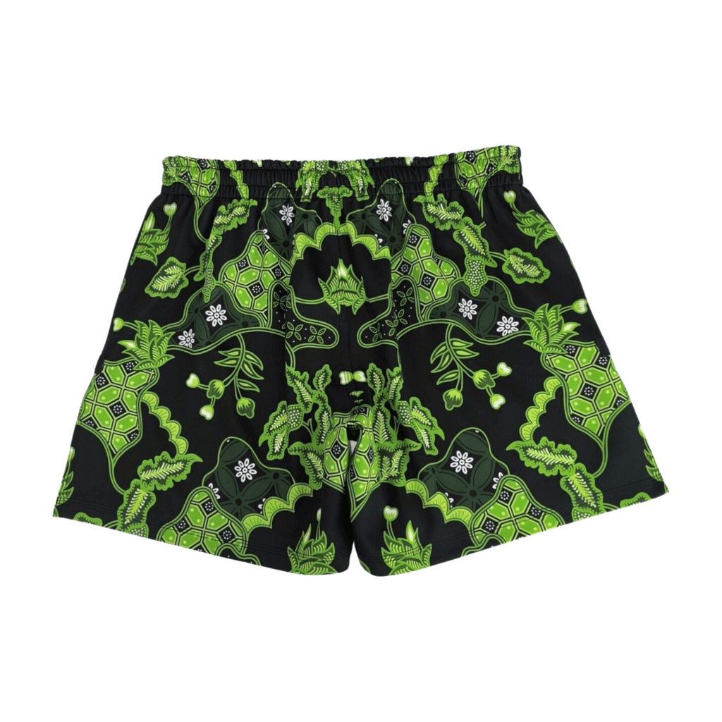 Back view of Batik-X Pulse premium fight shorts, full green batik design