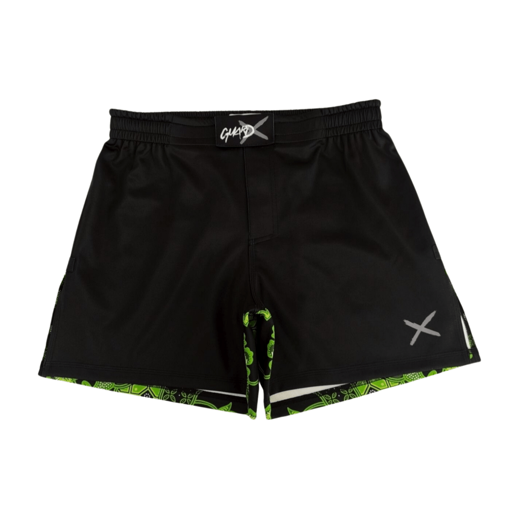 Batik-X Pulse premium fight shorts, front view, black BJJ shorts with GuardX logo