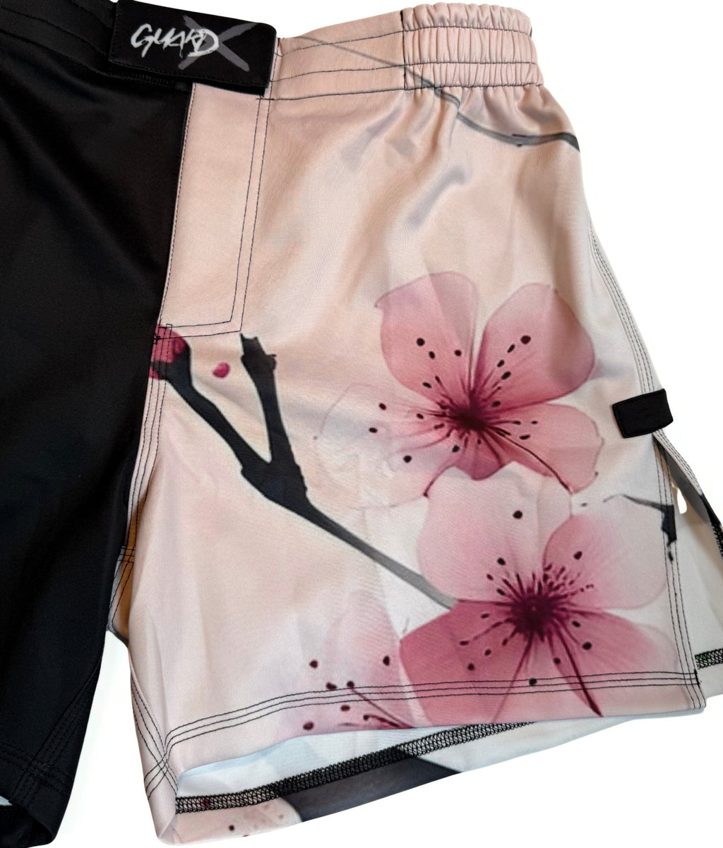 Right side view of women’s BJJ shorts with blossom design, women’s fight shorts for BJJ training