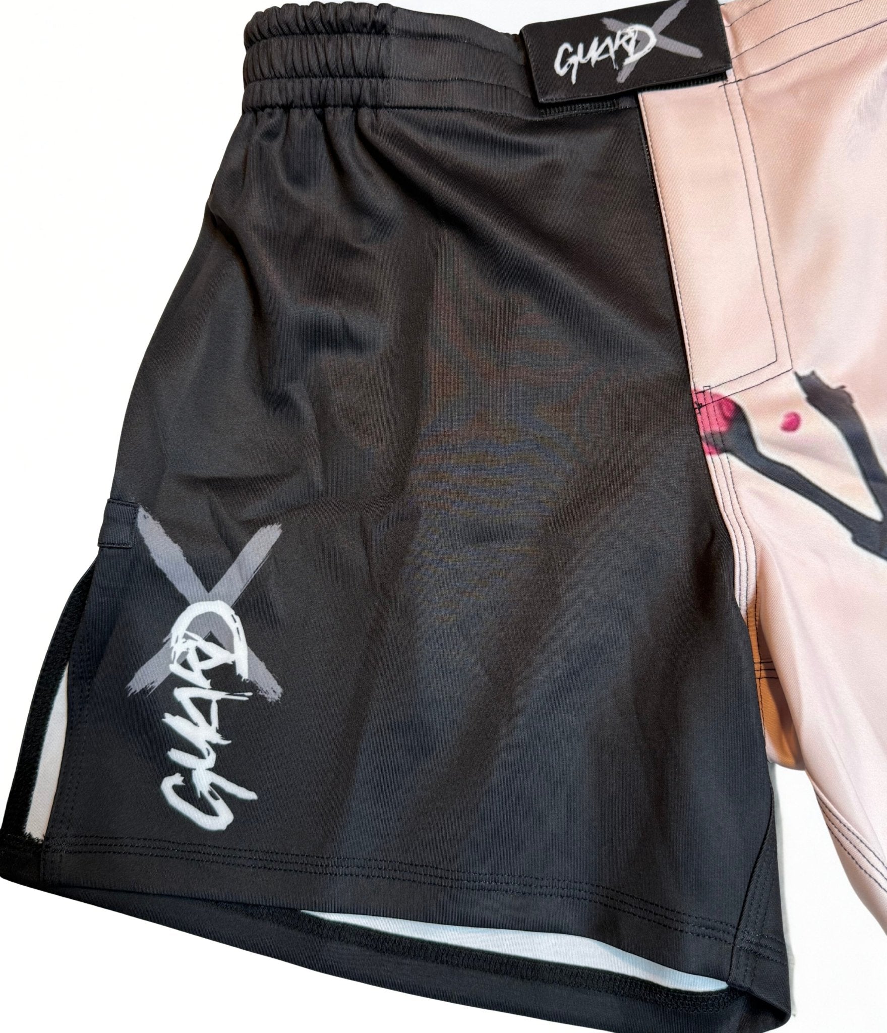 Left side view of women’s BJJ shorts with blossom design, women’s fight shorts for BJJ training
