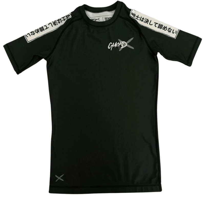 Warrior-X short sleeve rashguard, front view, black compression top featuring a clean design with Chinese characters