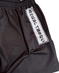 Close-up of right side of Warrior-X fight shorts, black fabric with white Chinese characters