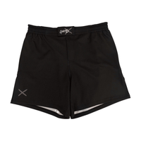 Warrior-X premium fight shorts, front view, all-black BJJ shorts with minimalist design
