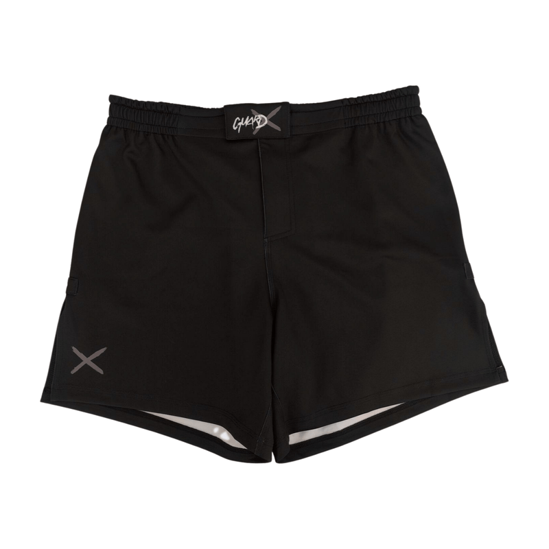 Warrior-X premium fight shorts, front view, all-black BJJ shorts with minimalist design