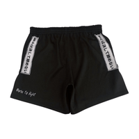 Back view of Warrior-X premium fight shorts, black grappling shorts with Chinese characters and “born to fight” slogan on the left side